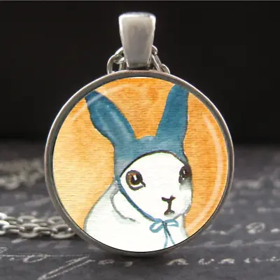 Anthropomorphic Bunny Rabbit Hat Necklace Silver Jewelry Watercolor Art Pendant • $25