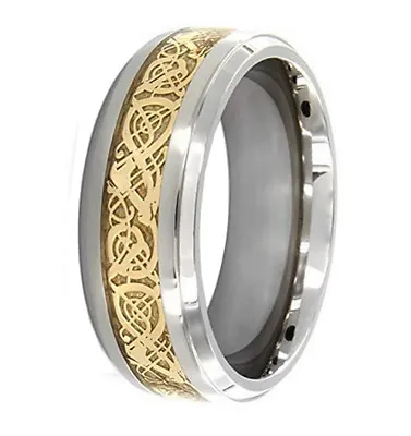 Titanium Gold Dragon Filigree Design Inlay Mens Wedding Band 8MM FREE ENGRAVING • $15