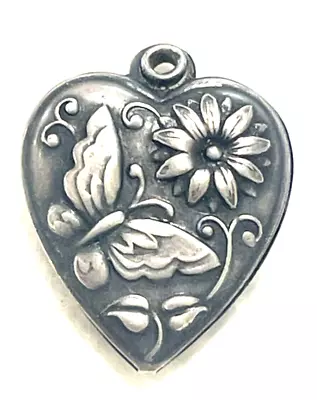 Vintage Antique Sterling Silver Puffy Heart Charm BUTTERFLY FRENCH BLOOM FLOWER • $15