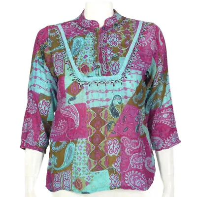 Vintage Indian Embroidered Patchwork Paisley Lightweight Cotton Top Sz M/L /936 • $24.99