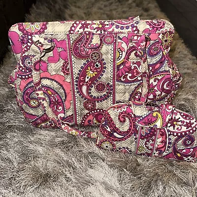 VERA BRADLEY PAISLEY MEETS PLAID PINK & GRAY HANDBAG PURSE / Matching Wallet • $74.99