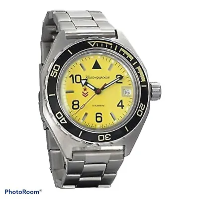 New Mens Military Automatic Watch Vostok Komandirskie 650855 Yellow Dial WR 200m • $139.90