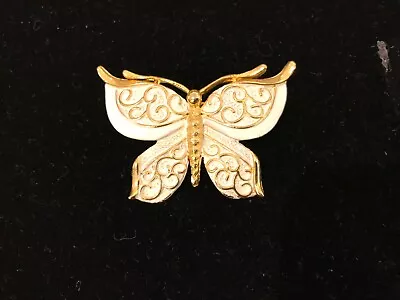 JJ Signed Butterfly Pin Brooch White Enamel Gold Tone Vintage • $9.99