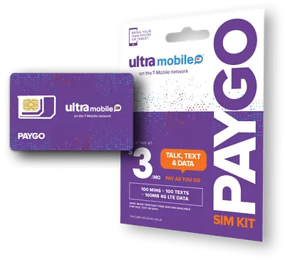 Ultra Mobile PayGo | $3/mo. Pay As You Go Plan + SIM Card With Talk Text & Data • $13