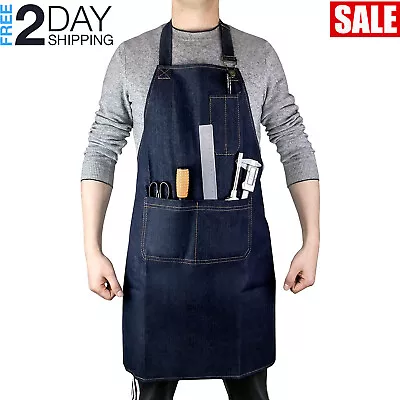 $19.99 • Buy Work Apron Denim Heavy Duty Shop Working Cooking Aprons With Pockets For Men