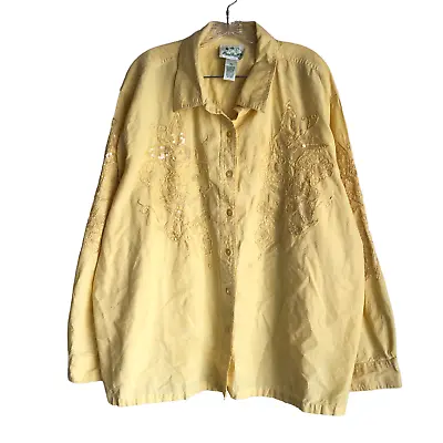 Quacker Factory Womens Blouse Plus 3X Yellow Embroidered Embellished 100% Cotton • $37.19