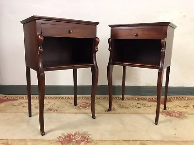 Mahogany French Bedside Tables Side Cabinets With Swan Neck Detail • £595