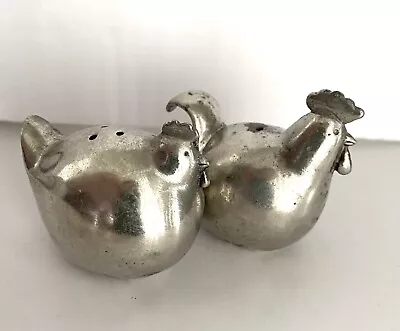 Vintage Pewter Rooster & Hen Chicken Salt & Pepper Small Shakers A986 • $19.99