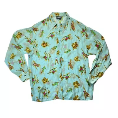 Vintage Versace Jeans Couture Light Blue Sheer Monkey Print Button Down Blouse • $89.99