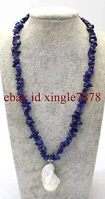 Natural Lapis Lazuli Gravel Beads Gemstone White Baroque Pearl Necklace 20  AAA+ • $12.99