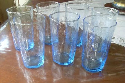 $50 • Buy (7) Mid Century   Morgantown Driftwood Blue Flat Tumbler Crinkle Glass  12 Oz.