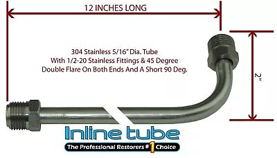 5/16 Fuel Line 12 Inch Stainless Steel 90 Degree Bend Flared 1/2-20 Tube Nuts • $16.75