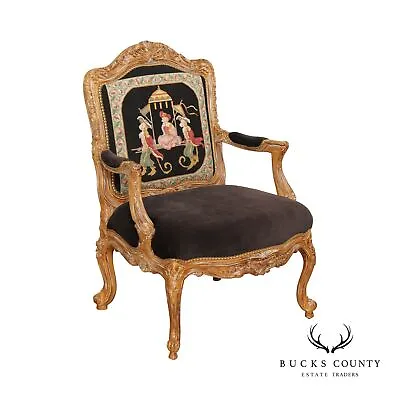 Michael Thomas French Louis XV Style Carved Frame Needlepoint Arm Chair • $995
