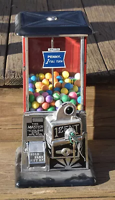 Vintage Master Bevel Glass 1 Cent Red & Black Porcelain Candy Machine W/ Keys • $1295