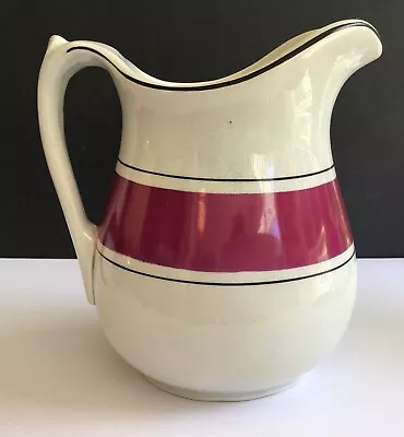 Antique NJ 1890 Crescent Pottery White Ironstone Pitcher Rose Color Band 7-1/2” • $35