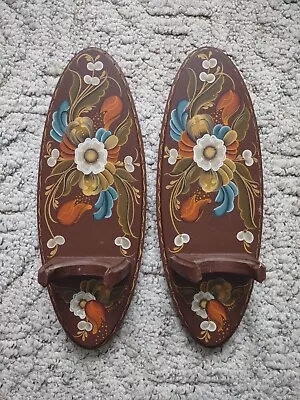 (2) 13  Wooden Wall Floral Painted Decorative Sconces ~ Holders/Decor • $14.99