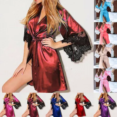 $20.69 • Buy Womens Sexy Sleepwear Lace Long Bride Kimono Robe Gown Silk Satin Night Dressing