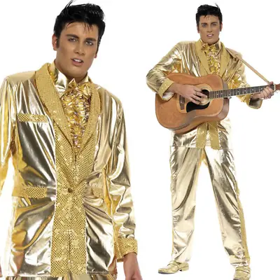 Adult Mens Elvis Presley Costume Gold Tuxedo Suit Fancy Dress Party Outfit New • $95.78