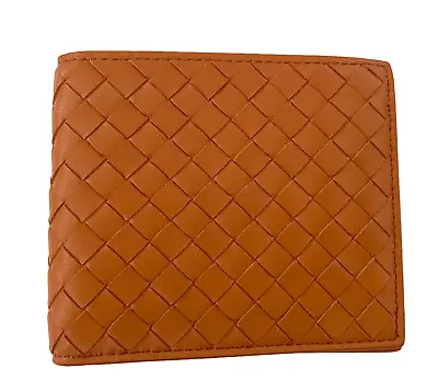 Bottega Veneta Mens Orange Leather Intrecciato Woven Bifold Wallet 196207 • $345