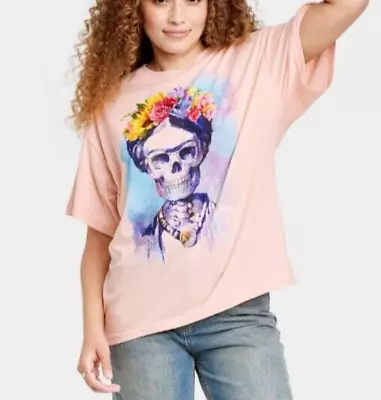 Frida Kahlo Women Top Pink T-Shirt Dia De Los Muertos Graphic Skull Floral NWT • $15