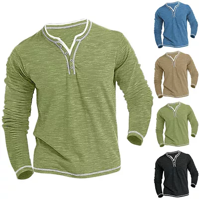 Mens Long Sleeve V Neck Shirts Tops Loose Casual Slim Fit Button T-Shirt Blouse • $25.39