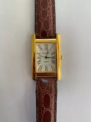 Unisex Gold Plated Rectangular Wristwatch With Leather Strap. Brand New Battery • £20