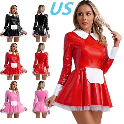 US Women French Maid Costume PVC Leather Dress Halloween Cosplay Fancy Dress Up • $19.94