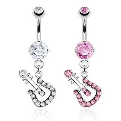 £4.54 • Buy New Novelty Surgical Steel Dangle Drop Music Guitar Gem Belly Bar Pink Clear 