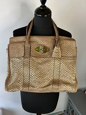Mulberry Bayswater Snake Print Brown Gold Suede Tote Bag Handbag Leather Metal • £179.99