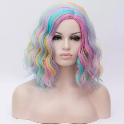 Rainbow Ombre Curly Synthetic Wigs Femme Anime Cosplay Short Long Halloween Wigs • £15.54