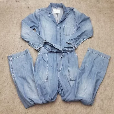 H&M Jumpsuit Womens 6 Blue Long Sleeve Outdoors Pockets Belted Chambray Denim • $24.99