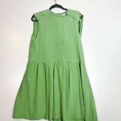 Tibi Eco Silk Cape Mini Dress Women Crew Neck Back-Zip Drawstring Hem Green Sz 4 • $73.58