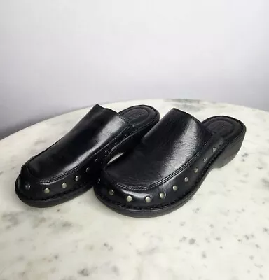 Born Women Majesty Mule Size 8M Wide Wedge Heel Clog Black Leather Studded Shoe • $39.97