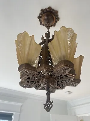 ANTIQUE/VINTAGE ART DECO CEILING CHANDELIER SLIP SHADE CONSOLIDATED GLASS 2 Of 5 • $1599