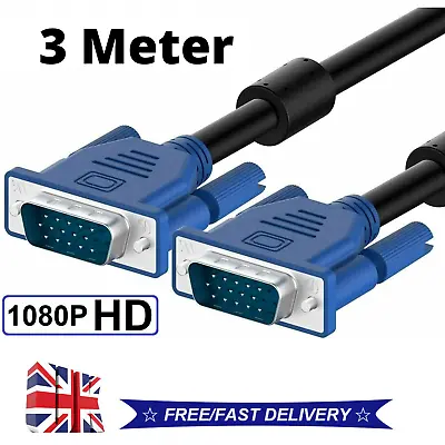 VGA Cable 3M Long VGA SVGA D-Sub Male 15 Pin PC To TFT LCD Monitor TV Lead UK • £2.99