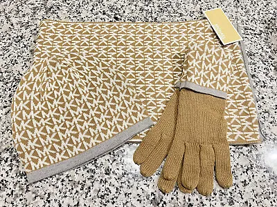 Nwt Michael Kors Women Signature Beanie Hat Gloves Scarf Set Camel Tan Grey $142 • $54.95