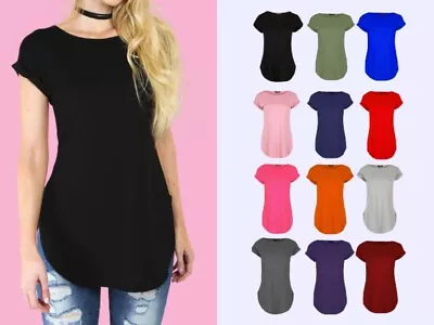 Ladies Curved Hem Jersey Plain Top Womans Round Neck Turn Up Cap Sleeve T Shirt • £4.13