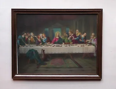 Vintage Jesus LAST SUPPER Picture In Metal Frame Faux Wood Pattern Free Standing • $19.95