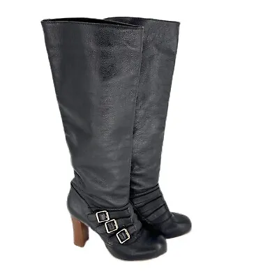 Urban Soul Boots Size 7.5 Black Leather Knee High Ozone Buckle As New • $89