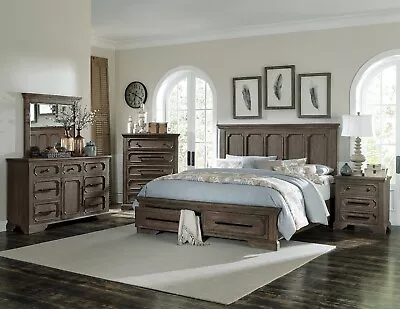 4 Pc Rustic Weathered Dark Oak Queen Footboard Storage Bed Ns Dresser Set • $1899