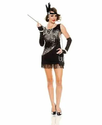 Ladies Charleston Fancy Dress Costume Black Sparkly Fringe Size S/m - New • £14.95