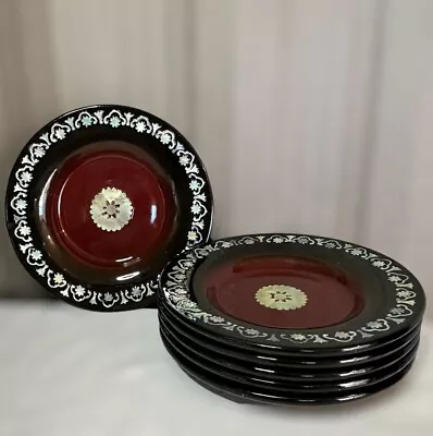 VTG Black Red Lacquer Set Of 6 Coasters Plates Dishes Abalone Inlay Floral 4.75  • $29