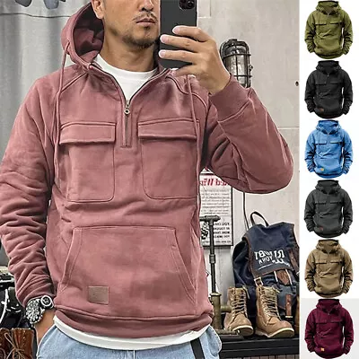 Men Long Sleeved Pocket Solid Color Fashionable Pullover Casual Hooded Top • £18.92