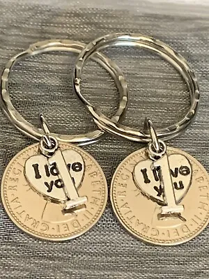 £9.99 • Buy Pair Of 1st Wedding Anniversary Lucky Sixpence Gift Charm Keyrings In Gift Bag