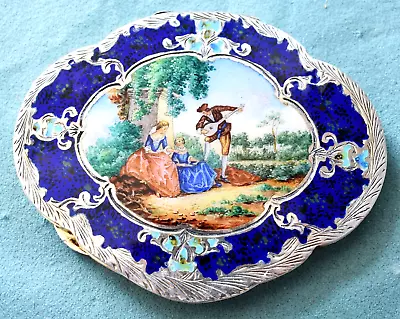 Vintage Italian Pastoral Scene Enamel Painting 800 Italy Sterling Silver Compact • $355.50