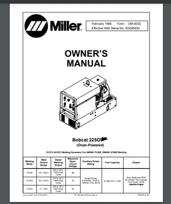 Miller BOBCAT 225G+ WELDER OPERATION & MAINTENANCE OWNERS MANUAL PARTS LIST BOOK • $15.95