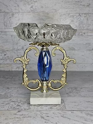 Vintage Crystal Ash Tray Cut Glass Brass Metal Marble Pedestal 9  Tall  • $68