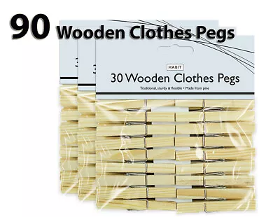 90 Solid Wooden Clothes Pegs Clips Washing Line Airer Rotary Garden Dry Laundry  • £2.99