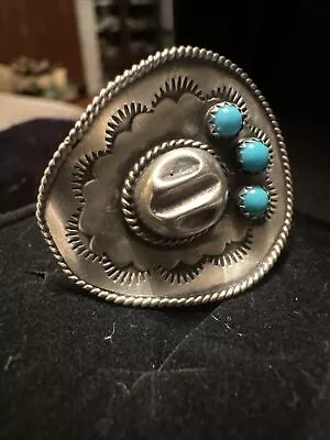 Navajo Vintage Sterling Silver Cowgirl Hat Turquoise Ring Size 8 By Platero • $79