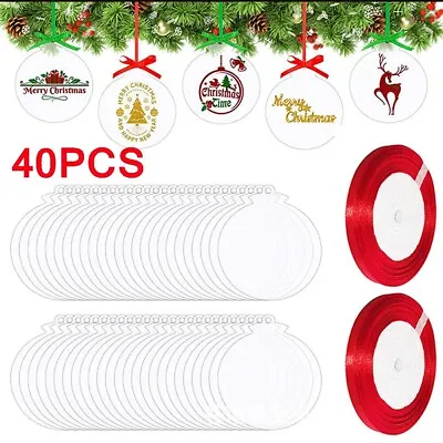 40x Clear Blank Acrylic Christmas Bauble DIY Xmas Decoration Flat Decor & Ribbon • $32.77